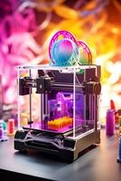 Artistic image of 3D printing process against a colorful backdrop AI Generative photo