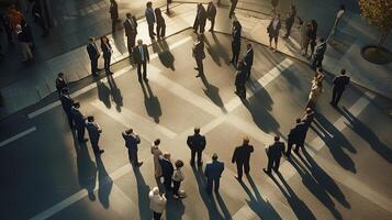 Bird's eye view of business professionals forming a circle in a city intersection photo