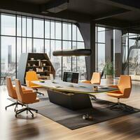 Sleek Furniture in a Vibrant Modern Office with Neutral Palette and Tech Gadgets AI Generative photo