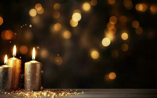 Romantic golden candle on table with glitter. Blurred sparkling bokeh background. Christmas lights. AI Generative photo