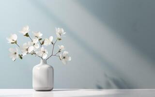 White ceramic vase with blooming white flowers in sunlight from window on pastel blue wall, shadow on white floor for decoration, luxury cosmetic, skincare, beauty product background, AI Generative photo