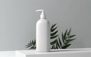 Mockup of a bottle of of white blanc dispenser, cosmetics product display scene with tropical leaf, light gray background, photo
