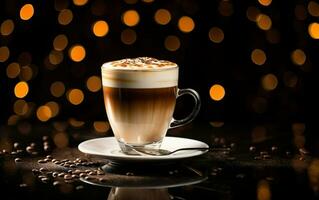 glass cup of latte with cinnamon and whipped cream on a plate, blurred sparkling dark and gold background with beautiful bokeh, coffee beans on the black wooden table. AI Generative photo