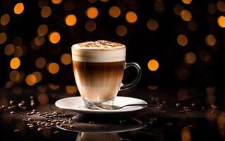 glass cup of latte with cinnamon and whipped cream on a plate, blurred sparkling dark and gold background with beautiful bokeh, coffee beans on the black wooden table. photo