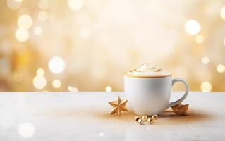 cup of coffee with whipped cream, blurred, sparkling and fabulous background with beautiful bokeh, light orange gold, festive atmosphere, star and glitter on the white table. photo