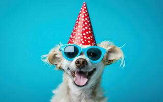 gracioso mascota celebrando, linda perro en rojo fiesta sombrero y Gafas de sol terminado azul fondo, cumpleaños bandera, ai generativo foto