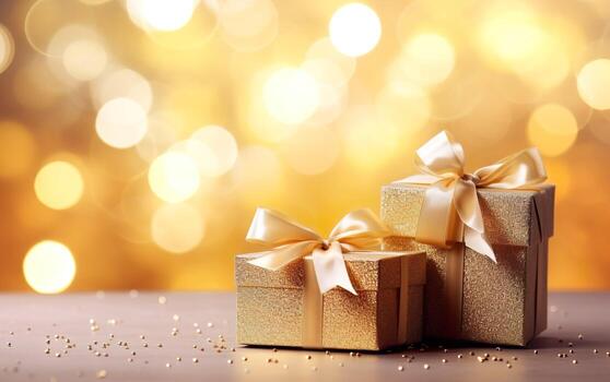dorado regalo cajas con cinta arco etiqueta terminado borroso bokeh antecedentes con luces. Navidad decoración. parpadeo fiesta antecedentes. Copiar espacio. ai generativo foto