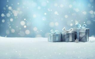Navidad y nuevo año antecedentes - regalo cajas con azul y blanco cinta arco etiqueta en el nieve bokeh antecedentes. copo de nieve. saludo festivo imagen con Copiar espacio. ai generado foto