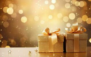 Golden gift boxes with ribbon bow tag over blurred bokeh background with lights. Christmas decor. Blinking Holiday Background. Copy space. AI Generative photo