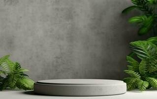 Empty concrete texture podium with tropical plants and gray wall background. 3d stage showcase, for beauty, organic, health, cosmetic, fashion product display, AI Generative photo