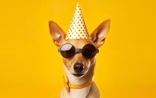 Funny Pet Celebrating, Cute dog in Party Hat and Sunglasses over Yellow Background. AI Generative photo