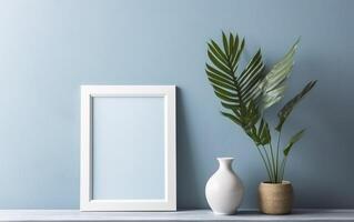 Wooden frame mockup on shelf over blue wall with palm leaves in vase, blank vertical frame with copy space. Contemporary interior mockup. AI Generative photo