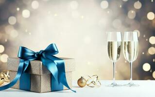 silver gift boxes with blue ribbon bow tag and Champagne glasses over blurred bokeh background with lights. Christmas decor. Copy space. AI Generated photo