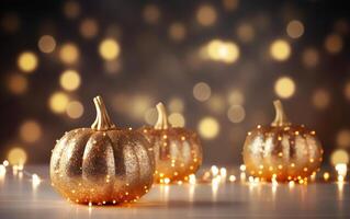 Festive autumn decor of pumpkins wrapped around a string lights garland on wooden table. Orange and dark bokeh lights background. Thanksgiving and Halloween greeting card concept. photo