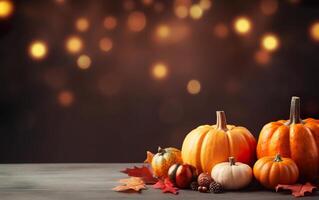 Thanksgiving day with pumpkins and maple leaves on dark bokeh lights brown background. Autumn composition with copy space. Wooden table. Halloween concept. Festive atmosphere. photo