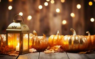 Lantern with candle and golden pumpkins autumn composition over warm toned background with Blurred bokeh lights. Rustic style. Copy space for holiday card. AI Generative photo