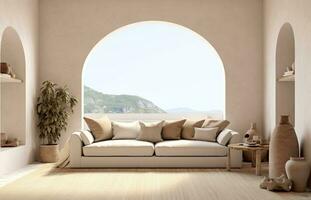 Apartment terrace or hotel Santorini Interior of modern living room sofa or couch with beautiful sea view, arched windows and stucco wall, AI Generative photo