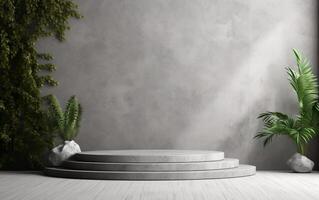 Empty concrete texture podium with tropical plants and gray wall background. 3d stage showcase, for beauty, organic, health, cosmetic, fashion product display, AI Generative photo