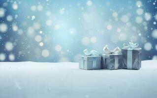 Navidad y nuevo año antecedentes - regalo cajas con azul cinta arco etiqueta en el nieve bokeh antecedentes. saludo festivo imagen con Copiar espacio. ai generado foto