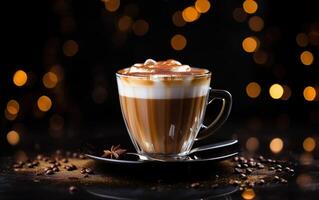 cup of latte coffee with cinnamon, star anise and whipped cream on a plate, blurred sparkling dark and orange background with beautiful bokeh, coffee beans, glitter on the wooden table. photo