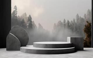 3d rendering empty mockup scene of concrete texture cylinder and rectangle podium for product template, foggy wood background, photo