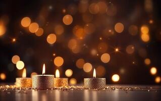 Romantic golden candles on table with glitter. Blurred sparkling bokeh background. Christmas lights. AI Generative photo