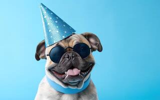 gracioso mascota celebrando, francés buldog en fiesta sombrero y Gafas de sol terminado azul fondo, mascota cumpleaños bandera, ai generativo foto