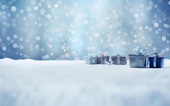 Navidad y nuevo año antecedentes - regalo cajas con azul cinta arco etiqueta en el nieve bokeh antecedentes. saludo festivo imagen con Copiar espacio. ai generado foto