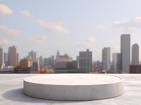 vacío hormigón textura podio o pedestal monitor con paisaje urbano antecedentes. 3d etapa escaparate. mínimo composición con redondo plataforma, ai generativo foto
