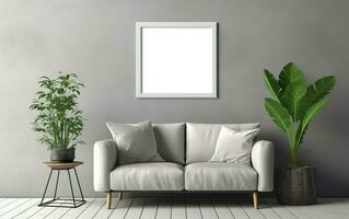 Living room with mockup frame on the blanc gray wall, decorated with white sofa and green plants, Minimalist scandinavian design scene, AI Generative photo