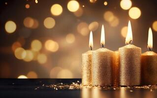 Romantic golden candles on table with blurred sparkling bokeh background. Christmas lights. Copy space. AI Generative photo