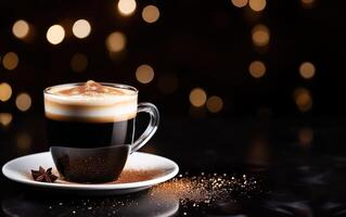 cup of latte coffee with cinnamon, anise and whipped cream on a plate, blurred sparkling dark and orange background with beautiful bokeh, coffee beans and glitter on the wooden table. photo