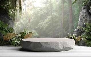 3d rendering empty product display podium scene with cylinder stand concept. Green forest with rocks background, Sunlight, for beauty skincare technology products display, photo