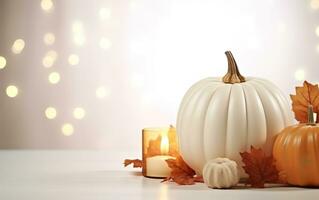Autumn decorative pumpkin with candles and maple leaves on blurred bokeh lights white background with copy space. Wooden table. Halloween concept. Happy Thanksgiving. AI Generative photo