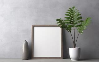 Wooden square frame mockup on  grey wall with green tropical plant in vase, blank vertical frame with copy space. Modern interior mockup. AI Generative photo