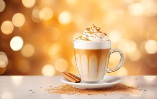 cup of latte with cinnamon and whipped cream on a white plate, blurred sparkling gold background with beautiful bokeh, festive atmosphere, glitter on the table. AI Generative photo