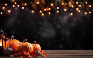 Thanksgiving day with pumpkins, holiday lanterns and maple leaves on dark bokeh lights background. Autumn composition with copy space. Wooden table. Halloween concept. photo