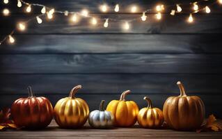 otoño calabazas antecedentes con Copiar espacio, guirnalda con ligero bombillas, oscuro bokeh luces, arce hojas. de madera mesa. Víspera de Todos los Santos concepto. contento acción de gracias. ai generativo foto