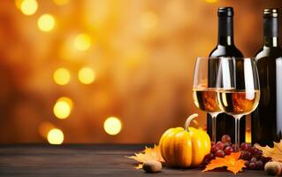 Autumn Still Life composition with wine bottle and  glasses, pumpkins, maple leaves and grape on the wooden table. Copy space. Orange Blurred background. AI Generative photo