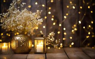 vintage vase with wild white flowers, lantern and candle on wooden table. Blurred bokeh lights background with garlands. Copy space. AI Generative photo