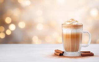 cup of latte with cinnamon and whipped cream, blurred, sparkling background with beautiful bokeh, light orange gold, festive atmosphere. photo