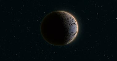 Abstract realistic space planet round sphere with a stone relief surface in space against the background of stars photo