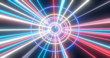 Abstract multi-colored energy futuristic hi-tech tunnel of flying circles and lines neon magic glowing background photo