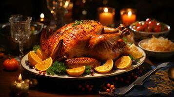 Delicious roasted holiday turkey baked in the oven with oranges or grilled chicken poultry with a fragrant crispy crust lies on a plate on the table photo