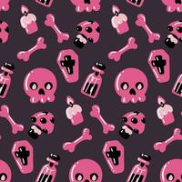 Seamless pattern of skull, coffin, bones, candles, poison, Amanita in pink and black colors on a gray background. Vector festive illustration in cartoon style for children on Halloween. Parti packages