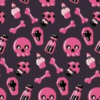 Seamless pattern of skull, coffin, bones, candles, poison, Amanita in pink and black colors on a gray background. Vector festive illustration in cartoon style for children on Halloween. Parti packages