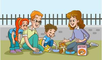 cute family feeding cute cats vector.children and their parents who feed stray animals vector