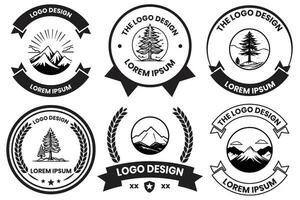 Pine and mountain logo in flat line art style vector