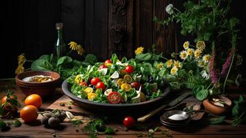 a plate of salad with tomatoes lettuce and other vegetables on table photo