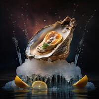 a oyster with slice of lemon on top ice and water splashing around it photo